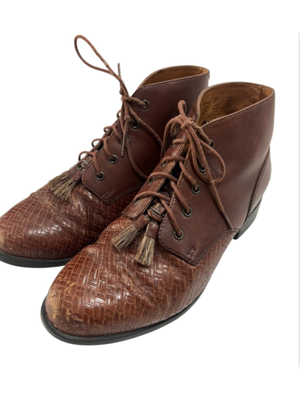 VTG 90s Ariat 16024 Leather Woven Toe Lace Up Ankle Boots Tassel Western 5.5